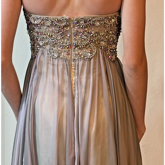 Jovani Strapless Beaded Empire Chiffon Evening Prom Dress Gown – Taupe/Lilac – 6 - Picture 4 of 7